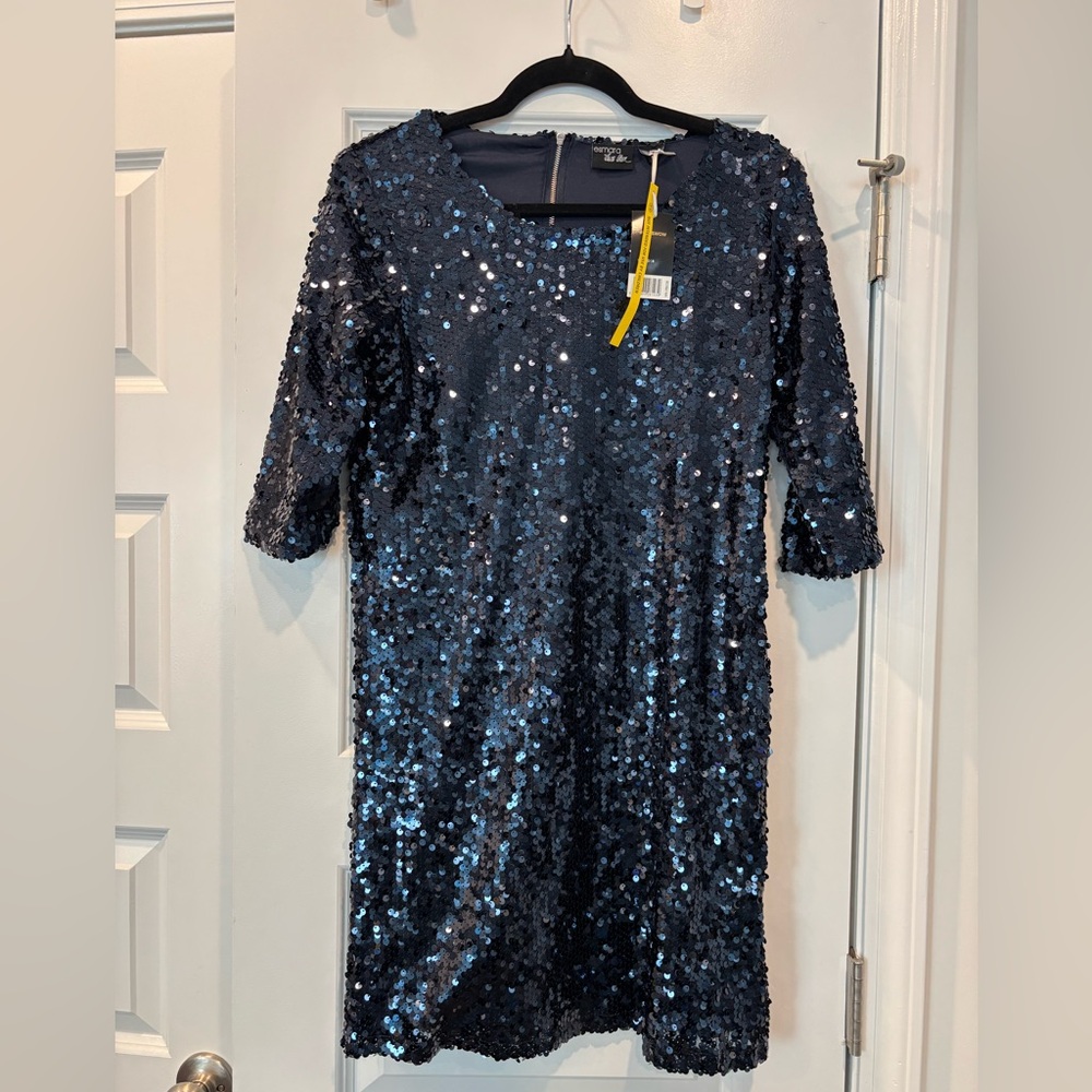 Navy Blue SEQUIN dress New Years Sheath size 8. NWT by Heidi Klum